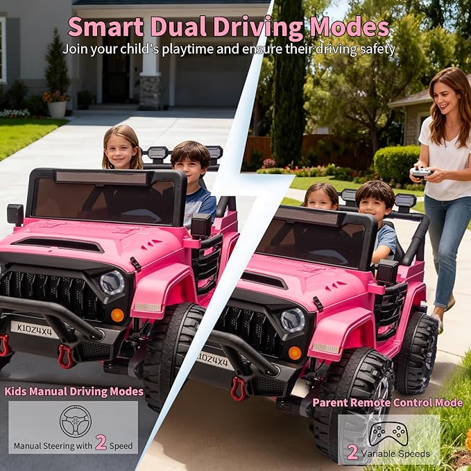 Kids 24V 2-Seater Electric Ride On Car, 4x4 Ride On Truck w/Remote Control, 4-Wheeler Suspension, 3 Speeds, Led Lights, Bluetooth, Ride on Car Toy for Kids Ages 3-8, Pink