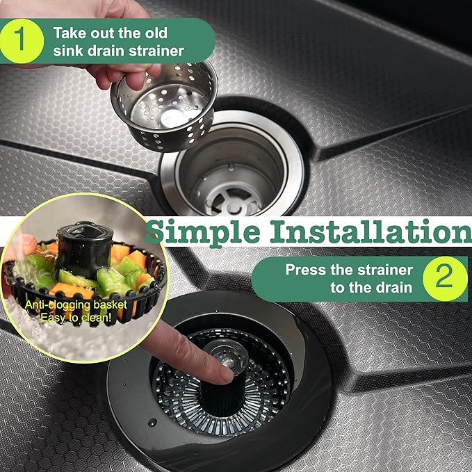 Sink Drain Strainer, 3 in 1 Kitchen Sink Drain Strainer, Kitchen Sink Stopper, Sink Drain Stopper, Sink Strainer with an Extra Anti-Clog Basket for US Standard 3-1/2'' Sink Hole, Brass Material Black