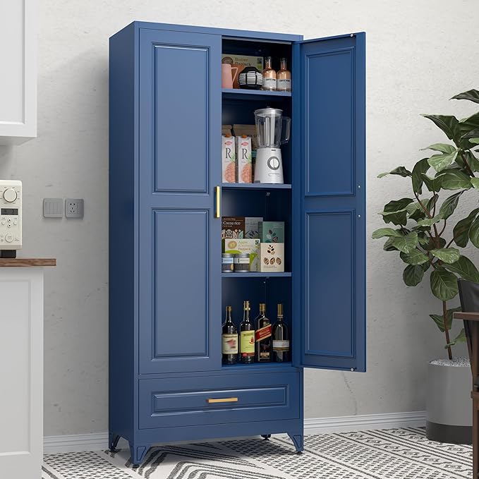 75" Tall Metal Storage Cabinet, Kitchen Pantry Storage Cabinets with Doors and 3 Shelves, Blue Pantry Cabinet with Drawer, Utility Kitchen Cupboard, Large Steel Cabinets for Living Room