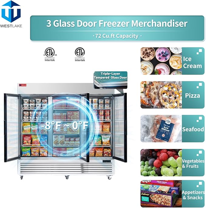 WESTLAKE 82" W Commercial Display Freezer 3 Glass door 72 Cu.ft Stainless Steel Merchandiser Reach-in Upriht Fan Cooling Digital Temperature Control Display Freezer for Restaurant, Bar, Shop, etc
