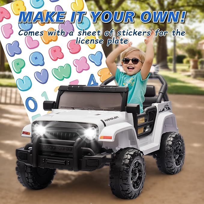 Ride on Truck Car, 12V Kids' Electric Vehicles W/Parents Control, Ride on Toys for Toddlers with Music, Bluetooth, Four-Wheels Suspension, USB, Headlights, White