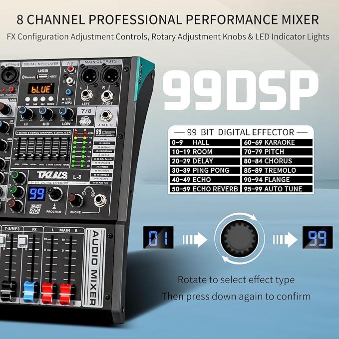 Audio Mixer, TKLBLS Professional 8 Channel DJ Mixer Board with 99-Bit DSP, Sound Board Mixing Console 7-Band EQ Output, USB Audio Interface, Bluetooth 48V Phantom Power For Karaoke Studio Streaming