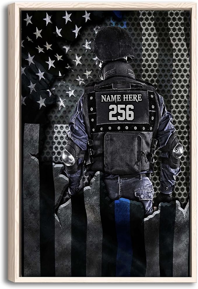 Personalized Police Poster & Framed Canvas, Policeman Thin Blue Line Us Flag Home Office Decor, Custom Name Number Bedroom Living Room Aesthetic Wall Art Gift For Husband, Dad, Men