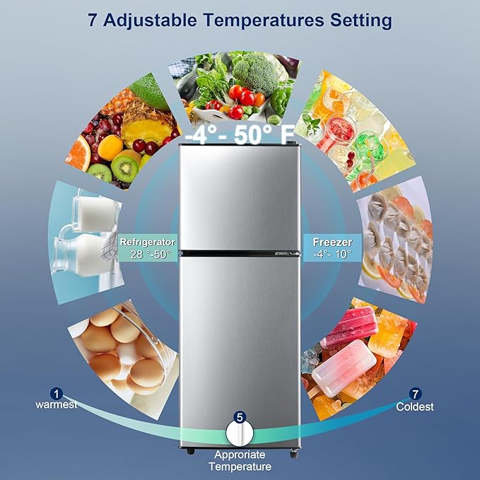 4.8 Cu. Ft. Fridge with Freezer, 2-Door Mini Fridge with Freezer, Adjustable Thermostat Small Refrigerator, Dorm Refrigerator for Apartment, Office, Kitchen, Silver