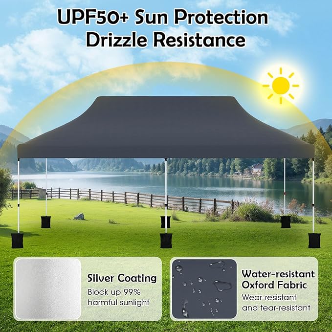 Tangkula 10x20 Ft Pop Up Canopy, Instant Setup Tent with 6 Sandbags, 12 Stakes & 6 Ropes, UPF 50+ Portable Outdoor Canopy Tent with Carrying Bag for Camp, Beach, Patio (Black)