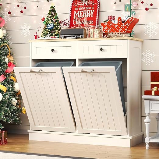 Tilt Out Trash Can Cabinet Dog Proof with Double Wood Hidden Holder, Kitchen Free Standing Recycling Cabinet（White）