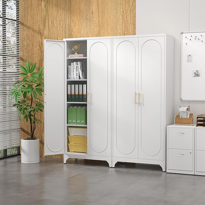 Kitchen Pantry Cabinet,75 Inch White Metal Storage Cabinet with Door and Adjustable, Tall Pantry Cabinets for Kitchen Storage,Cupboard for Living Room,Dining Room and Bathroom