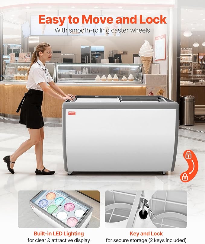 VEVOR Commercial Ice Cream Display Case, 13.1 Cu.ft Chest Freezer, Restaurant Gelato Dipping Cabinet Top Deep Freezer with Locking Casters, Sliding Glass Door, LED Lighting, Hold 8 Ice Cream Tubs