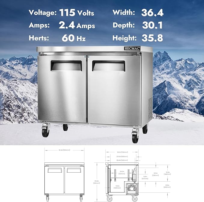 HECMAC 36" Commercial Freezer, 9.68 Cu.ft Worktop Undercounter Fridge with 2 Solid Door, -8~0℉, 18-8 Stainless Steel Interior, ETL&NSF/ANSI 7 for Restaurant, Bar, Shop, Kitchen Use