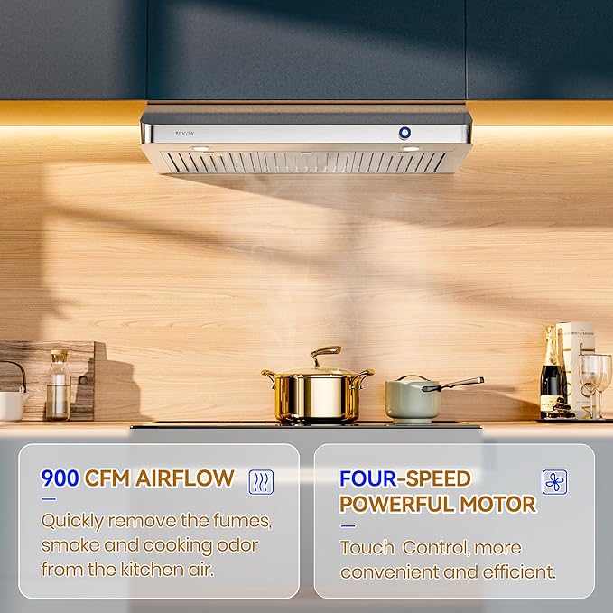 EKON 30 inches Under Cabinet Range Hood, 900 CFM Stainless Steel Kitchen Chimney Vent, 4 Speed Touch Screen Control With Remote 2Pcs 3W LED Knob Control