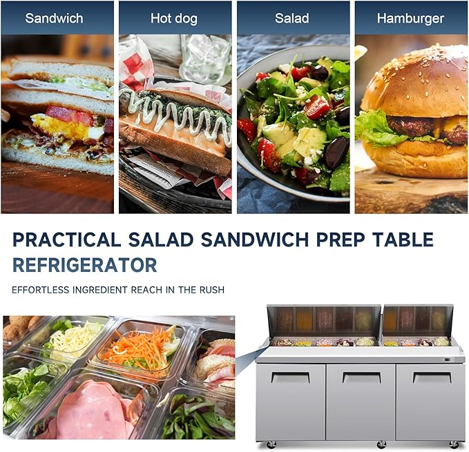 72"W Commercial Sandwich Prep Table Refrigerator - Stainless Steel Door with 18 Pans, 22 Cu.Ft Capacity, Auto Defrost, Digital Temperature Control for Restaurants, Delis, Catering & Convenience Stores
