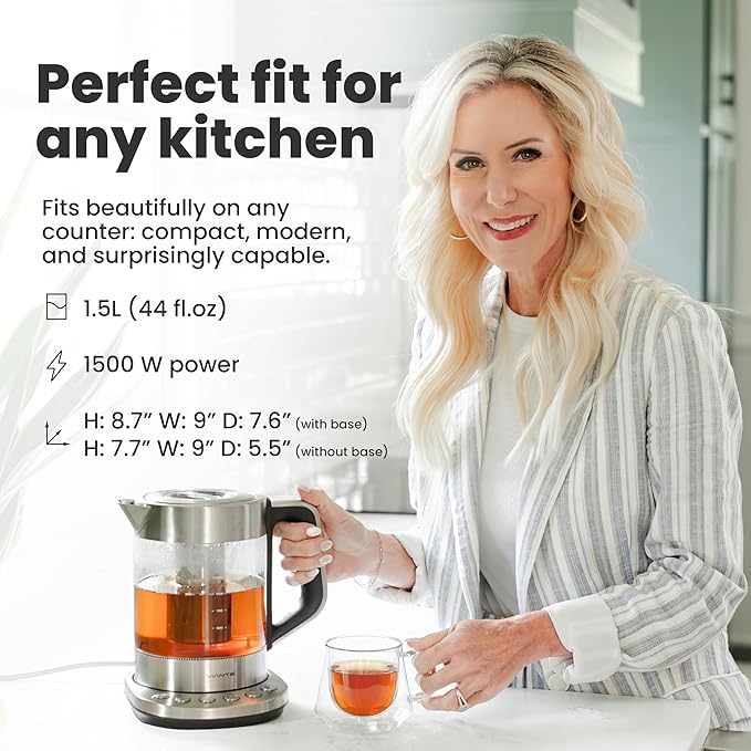 Vianté Electric Kettle With Infuser. No Plastic In Contact With Water. Hot Tea Maker With Temperature Control And Automatic Shut Off. Tea Kettle With Brewing Programs. 1.5 Liters Capacity
