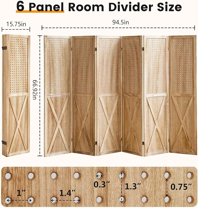 6 Panel Pegboard Room Divider, 5.6Ft Pegboard Display Folding Privacy Screens, Wood Room Divider Peg Board Display Freestanding for Trade Show Craft Show Home Wall Organizer, Light Brown