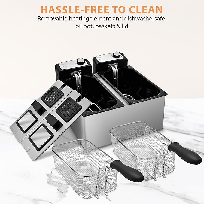 SUSTEAS Deep Fryer, 2 Baskets Electric Oil Fryer with 5.4QT/6L,3000W Timer Control Adjustable Temperature, Lid with Viewing Window and Odor Free Filter, Stainless Steel, Perfect for Kitchen, Fry Fish