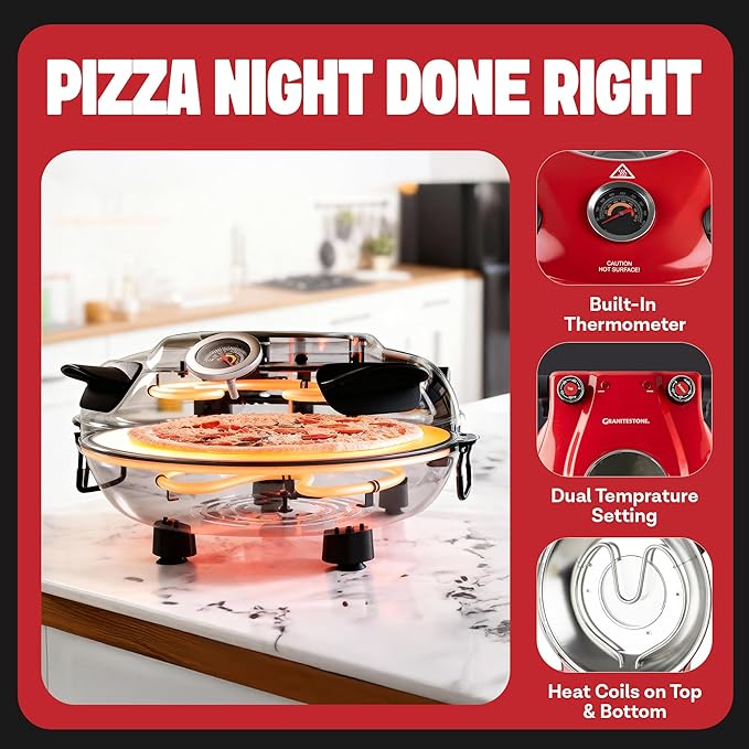 PIEZANO Crispy Crust Pizza Oven by Granitestone – 12 Inch Electric Pizza Oven Indoor Countertop Maker with Ceramic Stone Heats up to 800˚F for Delicious Stone Baked Pizzeria Style Pizza at Home