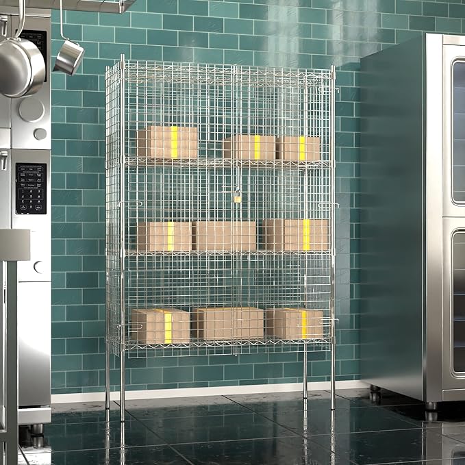 Commercial Grade NSF Listed Metal Wire Mesh Storage Chrome Security Cage Kit, 18" x 48" x 74", Perfect for Warehouse, Grocery Store, Restaurant, Dishroom