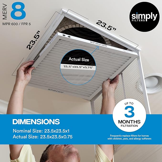 Simply 23.5x23.5x1 Air Filter, Merv 8, 6 Pack, For Home AC Furnace & HVAC (Actual Size: 23.5x23.5x"x0.75") DUST, Pet, & Allergy Control