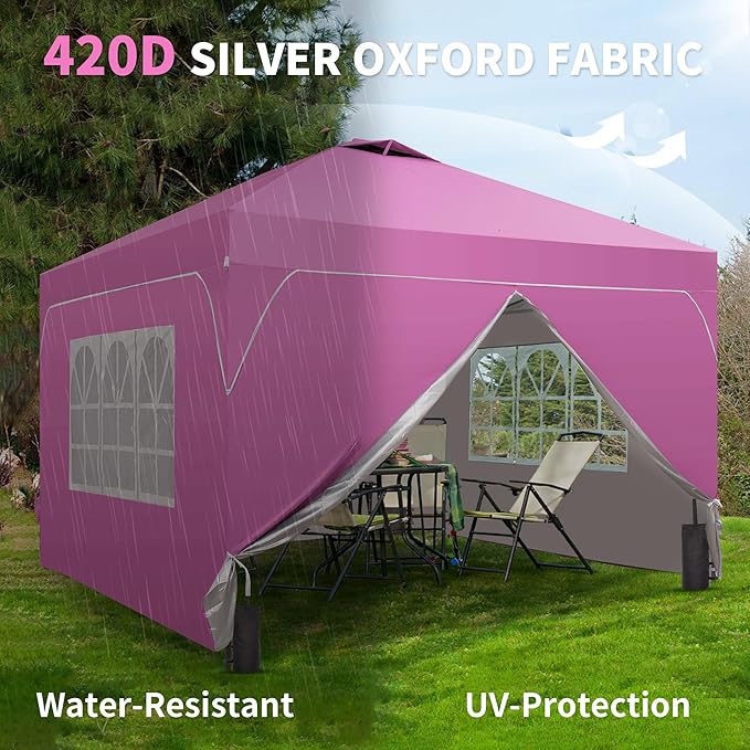 Saemoza 12x12 Pop Up Canopy Tent with One Push Setup, Outdoor Sun Shade Canopy with Vent Top for Backyard Party, Easy Up Instant Shelter with 4-Sandbags & Wheel Bag, Pink.