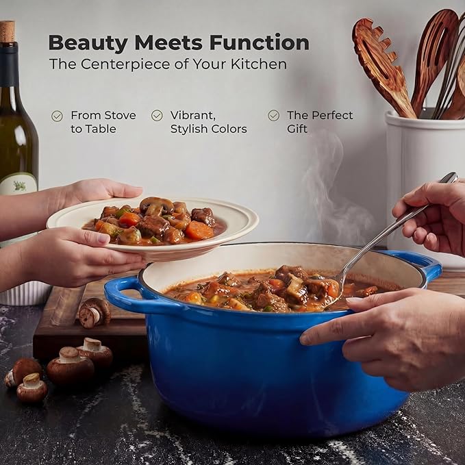 Zulay Kitchen 6 Quart Enameled Cast Iron Dutch Oven Pot with Lid – Premium Durability & Oven Safe up to 500°F – Heavy Duty Cookware Perfect for Bread Baking, Stews, Braising & Roasting – Blue