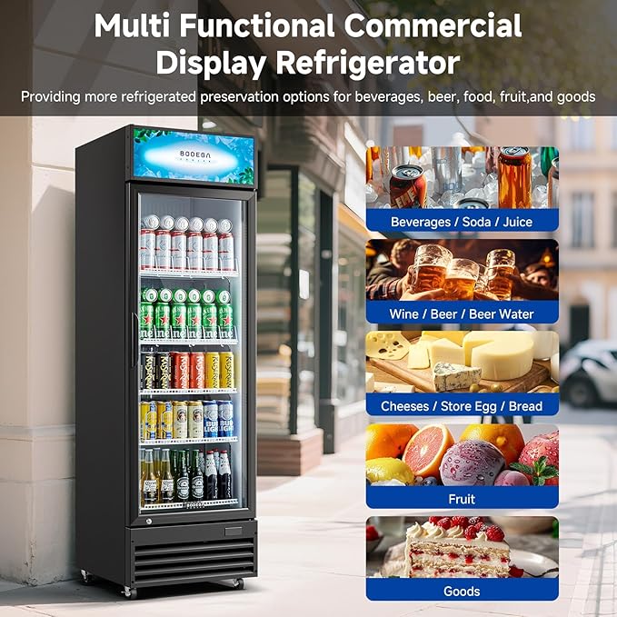 BODEGACOOLER Beverage Refrigerator and Cooler, Commercial Refrigerators with 4 shelves, Commercial Fridge with Soft LED Light. Merchandiser Refrigerators as Black Bar Cooler For Party, 9.0 Cu. Ft