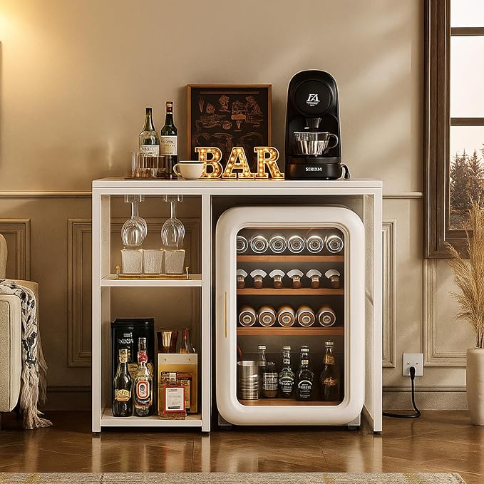 Homieasy Mini Fridge Cabinet Stand with Power Outlet, Coffee Bar Cabinet with Mini Fridge Space, Bar Stand with Microwave Shelf with Wine Rack for Kitchen, Dorm, White