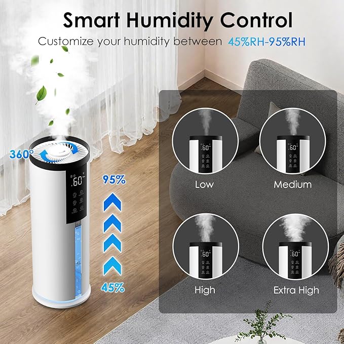 Humidifiers for Bedroom - GloryAir 2.11Gal (8L) Quiet Top Fill Cool & Warm Mist Humidifier Large Room 650 ft² with Humidistat, diffuser, Auto Mode, 7-Color Light for Plants, Baby,Adults, Office & Home