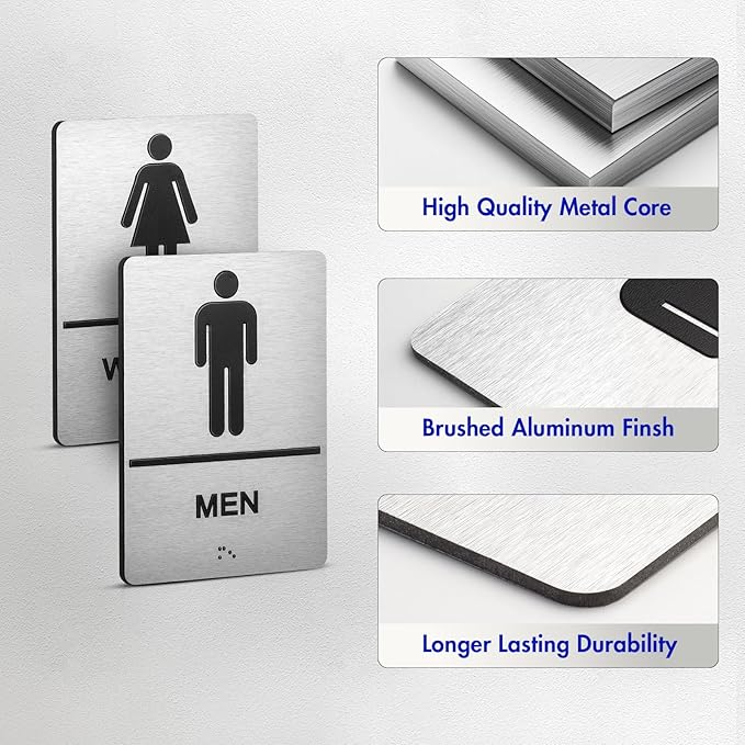Bathroom Signs, Men's & Women's Restroom Signs for Business, Brushed Aluminum ADA Raised Braille Restroom & Bathroom Door Sign with Strong Self-Adhesive, Silver Size 9'' X 6 '' （2 Pieces Set）