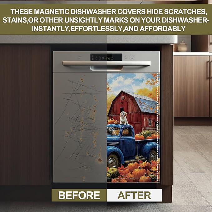 Dishwasher Magnet Cover,Blue Truck Dishwasher Cover Magnetic Pumpking Leaves Home Appliances Refrigerator Decorative 23" x 26"
