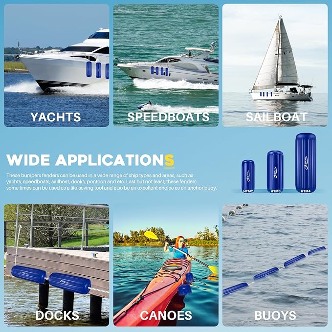 Boat Fenders 4 Pack 10 x 28 Inches Ribbed Center Hole Boat Fenders Bumpers for Docking, Comes with Ropes and Pump to Inflate
