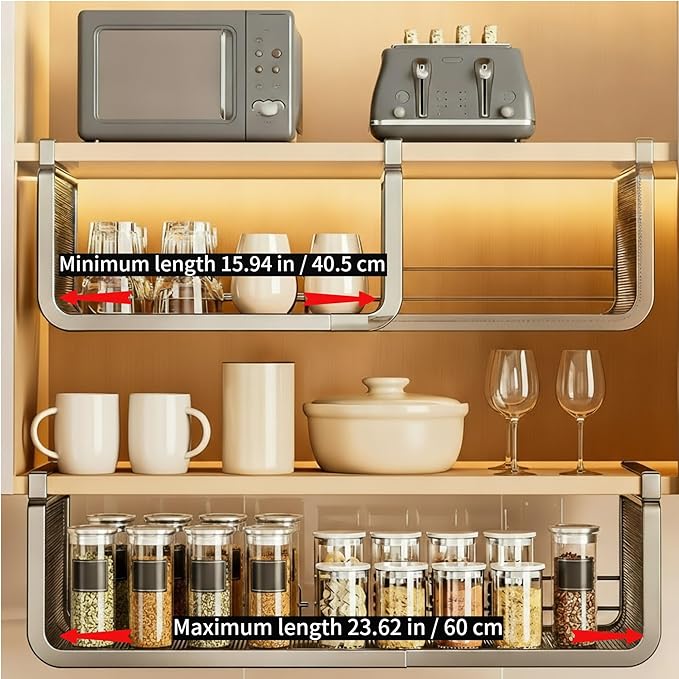 Expandable Hanging Storage Racks for Kitchen Cabinet ，Pantry & Cupboard Under Shelf Basket Organizer (White)