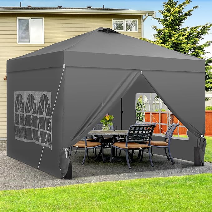 Saemoza 12x12 Pop Up Canopy Tent with One Push Setup, Portable Sun Shade Tent, Instant Easy Up Canopy with 4-Sidewalls & Wheeled Bag, Outdoor Fldable Gazebo with Vent Top, Grey.