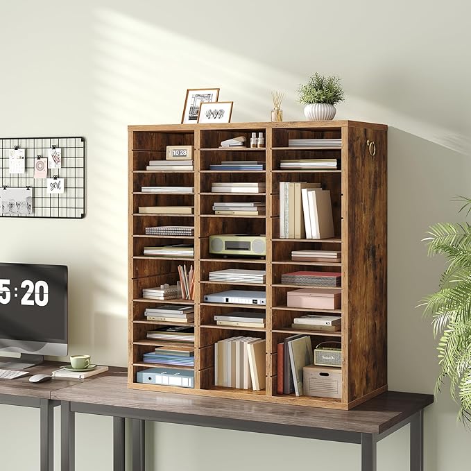 HOOBRO Literature Organizer, 36Compartments Wooden Mail Organizer, Countertop Literature Sorter with Adjustable Shelves for Home, Office, School, Student Mailbox for Classroom, Rustic Brown FG123WF01