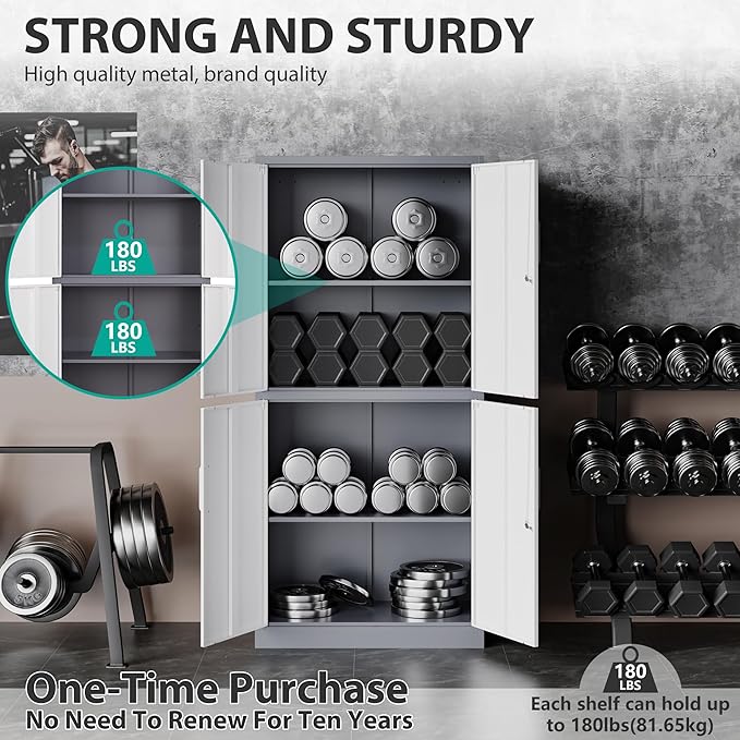 SISESOL Storage Cabinets With Doors And Shelves, 71'' Metal Garage Cabinet Locking, Adjustable Layers For Home Gym, bathroom, kitchen, office, Gray White
