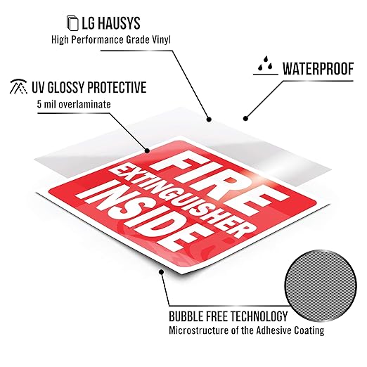 Fire Extinguisher Inside Sticker Sign - Safety Signs - 5 Pack - 4" X 5" - Durable Self Adhesive, Weatherproof & UV Protected - Red/White in Color - Ideal Decals for Trucks, Cabinets or Equipment