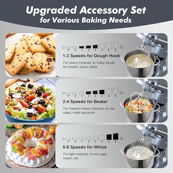 Aucma Stand Mixer,8QT 900W Tilt-Head Food Mixer, Kitchen Electric Mixer with Dough Hook, Wire Whip & Beater (Gray, 8QT)