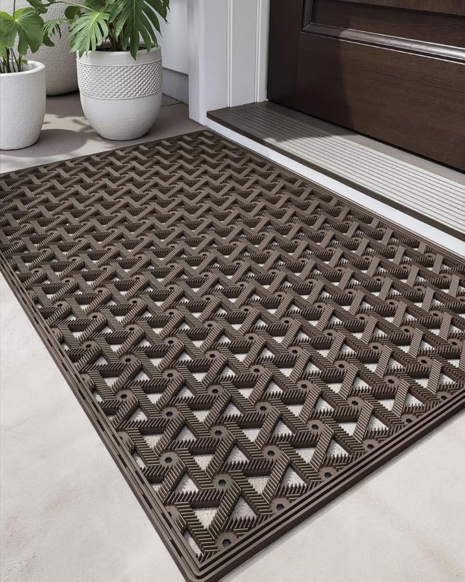 DEXI Front Door Mat Outside Entrance Rubber 19x30, Welcome Floor Doormat Heavy Duty Non Slip, Dirt Trapper Waterproof Exterior Entry Mats All Weather for Patio Entryway Drainage, Brown
