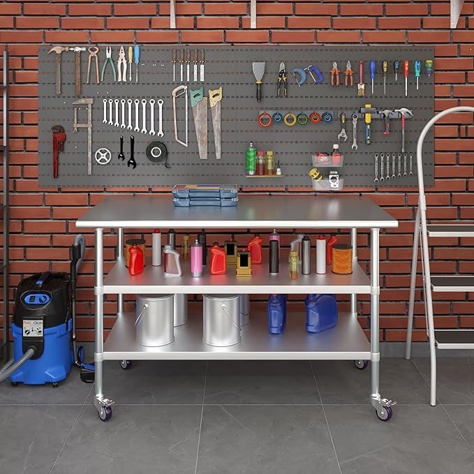 AmGood Stainless Steel Work Table with 2 Shelves and Casters | Metal Utility Table On Wheels (Stainless Steel Work Table with 2 Shelves + Casters, 60" Long x 30" Deep)
