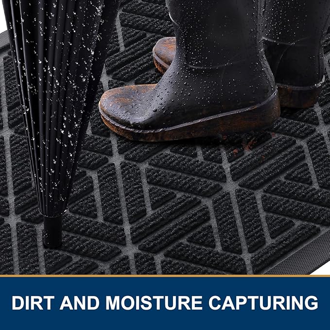Smiry Front Door Mat Outside Entrance, Heavy Duty Sturdy Natural Rubber Doormat, Trap Dirt and Moisture, Easy Clean Low Profile Mats for Indoor Outdoor Entry, Grid Geometric (59x34, Black)