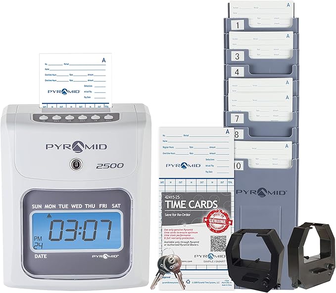 Pyramid Time Systems - 2500 Auto-Aligning Employee Time Clock Timekeeping Bundle [2500K1] for Small Business, Punch Clock System with 100 Time Cards, 2 Ribbon Cartridges, 10-Slot Rack & Security Keys