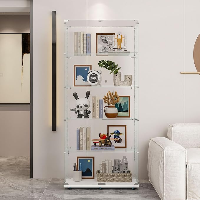 Glass Display Cabinet with LED Light Strip, 5 Shelves with 2 Doors, Glass Top Curio Storage Cabinets with Lock & Caster for Living Room,Floor Standing Bookshelf, Quick Installation - White