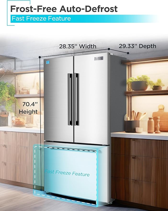 BLACK+DECKER 16 Cu. Ft. French Door Refrigerator with Built-in Ice Maker, Full Size Refrigerator with Bottom Mount Freezer Drawer, Frost Free, ENERGY STAR certified, BRF1600GIMS, Stainless Look