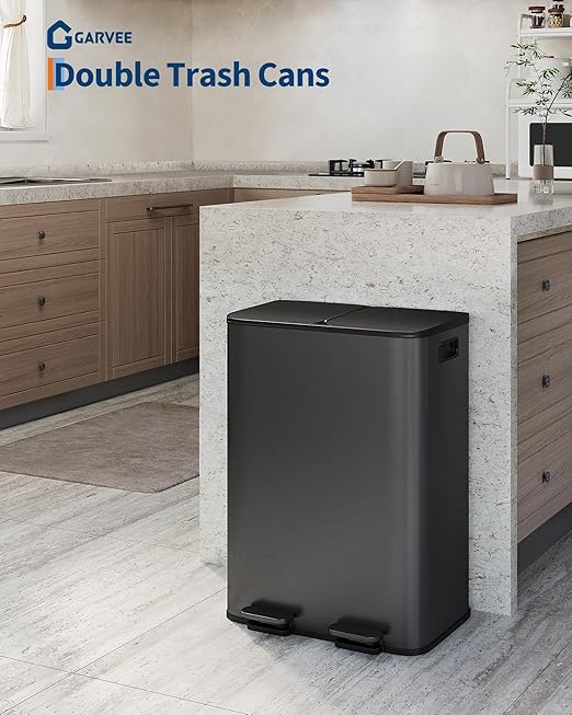 TrailBlaze 2 x 8 Gal (2 x 15 L) Kitchen Trash Can, Stainless Steel Dual Compartment Garbage Can with Soft-Close Lid, Recycling Bin, Step Waste Sorting Bin for Home, Office - Black