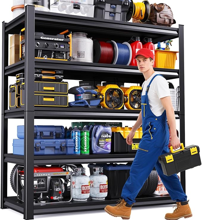 Garage Shelving 5-Tier Adjustable Metal Garage Shelves Heavy Duty Unit,3000 LBS Steel Shelf Storage Rack Suitable for Industries,Warehouses,Basement,Black (72''H x 59''W x 20''D)