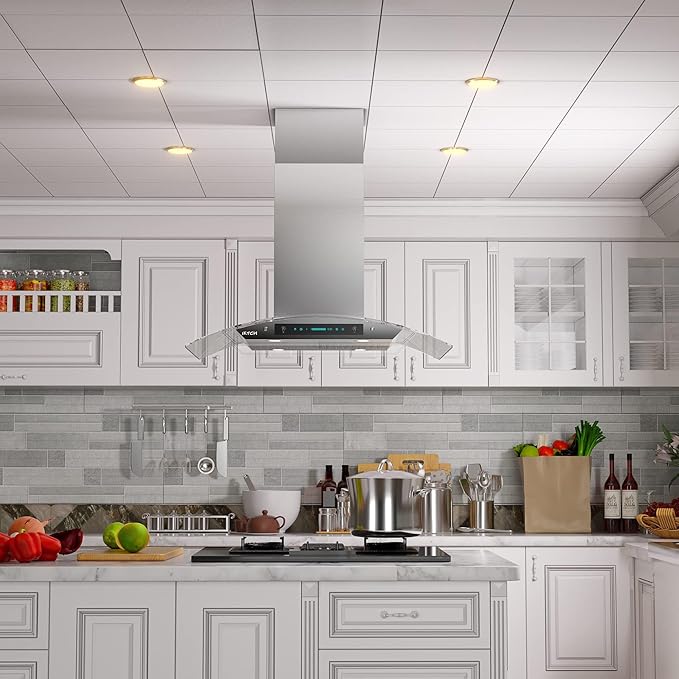 IKTCH 36-Inch Island Mount Range Hood, 900 CFM Ducted, Stainless Steel & Tempered Glass, Gesture Sensing & Touch Control, 4-Speed Fan