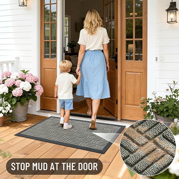OLANLY Front Door Mat Outside Entrance 29.5x17, Absorbent, Heavy Duty Sturdy Natural Rubber Doormat Indoor Outdoor, Non-Slip, Stain and Fade Resistant, Low Profile Floor Mat for Entryway, Modern Gray