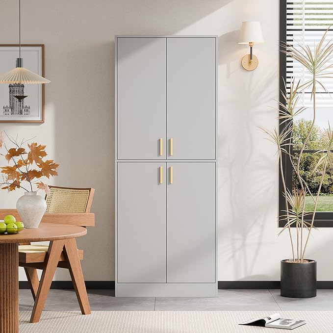 Cozy Castle Kitchen Pantry Cabinet, 71" Tall Wood Storage Cabinet with Doors and Shelves 4 Doors Freestanding Cupboard for Dining Room Living Room Bathroom Furniture, Gray