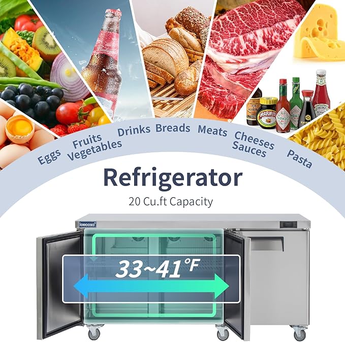 ICECASA 72" W Commercial Refrigerator Worktop Undercounter Refrigerator Three Door Stainless Steel Counter Fan Cooling Refrigerator 20 Cu.ft for Restaurant, Bar, Shop, etc