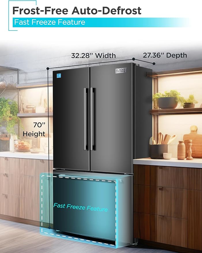BLACK+DECKER 18 Cu. Ft. French Door Refrigerator with Built-in Ice Maker, Full Size Refrigerator with Bottom Mount Freezer Drawer, Frost Free, ENERGY STAR certified, BRF1800GIMB, Black