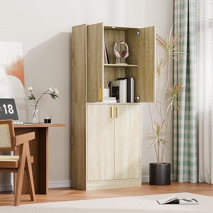 Cozy Castle Kitchen Pantry Cabinet, 71" Tall Wood Storage Cabinet with Doors and Shelves 4 Doors Freestanding Cupboard for Dining Room Living Room Bathroom Furniture, Whitewashed Oak
