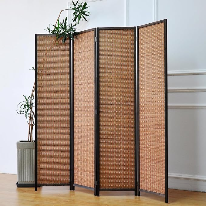 4 Panel Bamboo Room Divider and Folding Panel Screen,Bamboo Panel Divider for Room Separation,Brown,67" H x 61.4" W